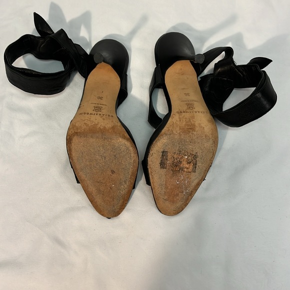 Brian Atwood Black Leather Stilettos Asymmetrical with Ankle Tie - Picture 10 of 14